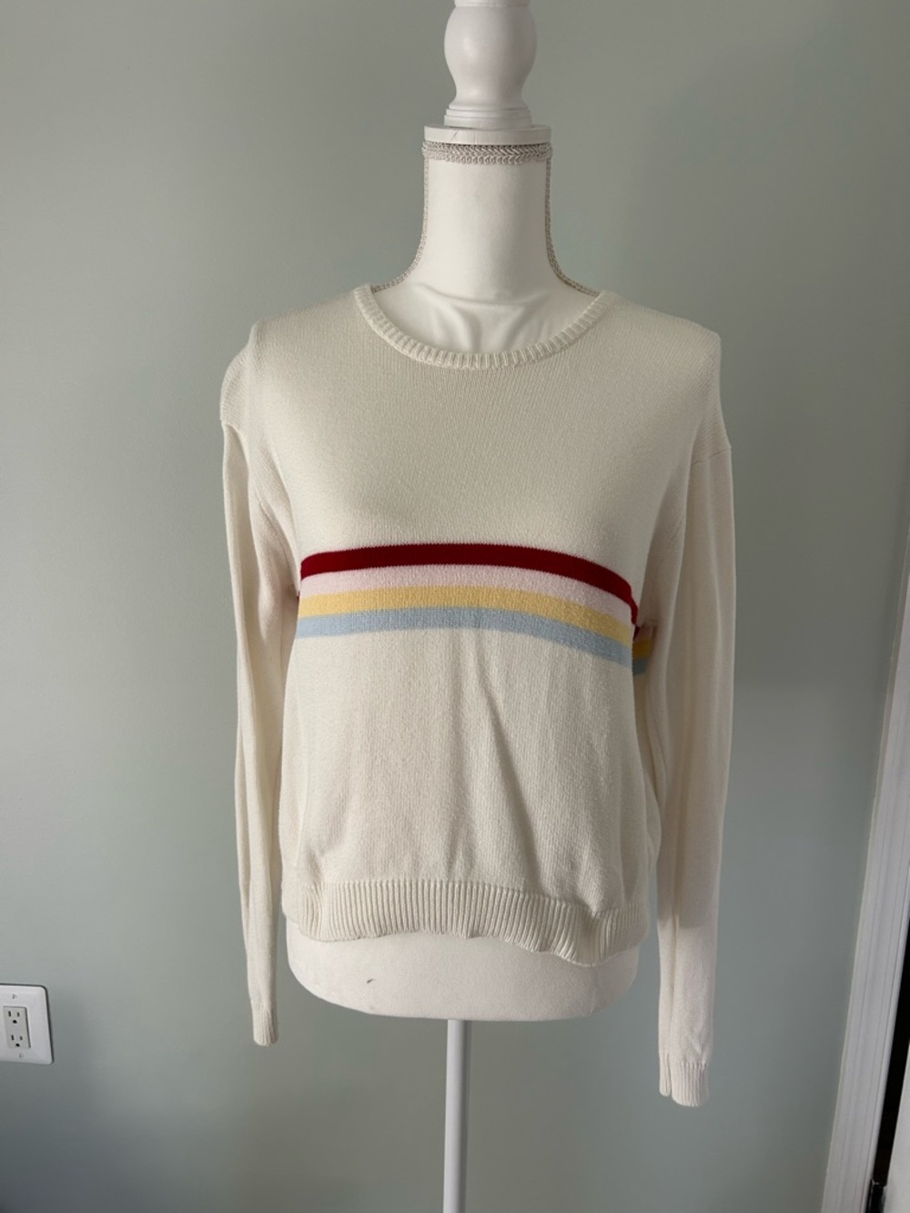 Brandy Melville Cream Crewneck Sweater with Red, Yellow, and Light Blue Stripes